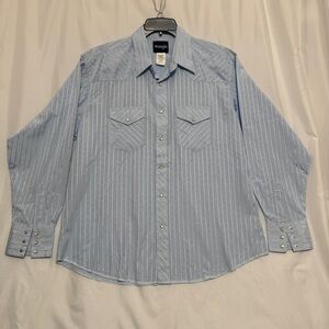 Wrangler Men's, Vintage, pearl snap Blue Striped Shirt, sizeXL